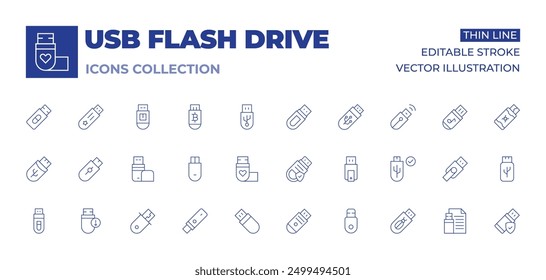 Usb flash drive icons collection. Thin Line icons, editable stroke. SSD, wireless USB drive, read-only, USB drive repair, port.