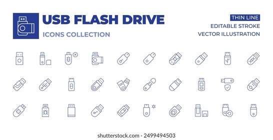 Usb flash drive icons collection. Thin Line icons, editable stroke. pen drive, drive, flash disk, flash drive.