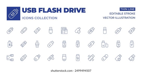 Colección de iconos de unidad flash USB. Iconos de línea delgada, trazo editable. Unidad flash USB, software de cifrado, SSD portátil, USB-C, recuperación de datos.