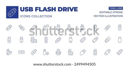 Usb flash drive icons collection. Thin Line icons, editable stroke. external hard drive, USB hub, USB storage expansion, stick virus, file system.