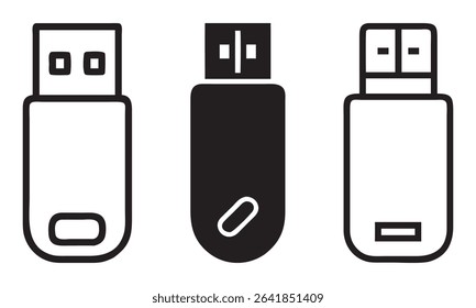 USB flash drive icons. Concept of data storage and transfer, line art usb flash drives	