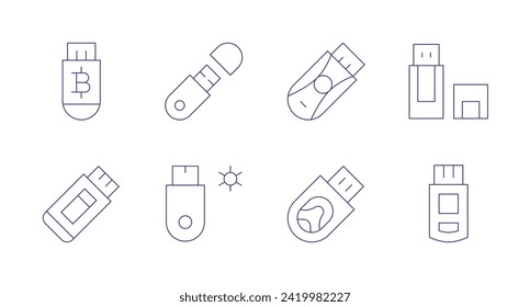 Usb flash drive icons. Editable stroke. Containing bitcoin, pendrive, usb, usbdrive, usbstick.