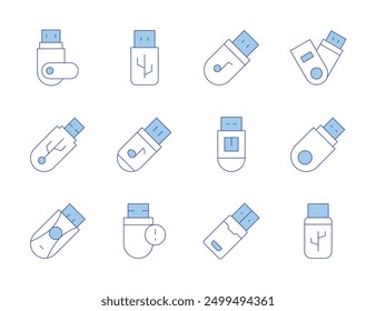 Iconos de la unidad flash USB. Estilo de línea Duotone, trazo editable. Almacenamiento USB para teléfono, unidad USB resistente.