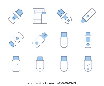 Iconos de la unidad flash USB. Estilo de línea Duotone, trazo editable. Adaptador USB, expansión de almacenamiento USB, puerto USB, software de cifrado.