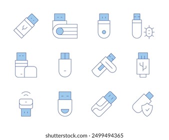 Iconos de la unidad flash USB. Estilo de línea Duotone, trazo editable. Concentrador USB, sistema de archivos USB, unidad de arranque USB.