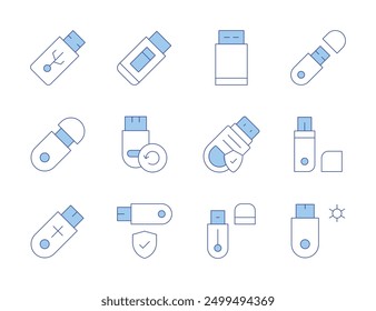 Iconos de la unidad flash USB. Línea estilo Duotone, carrera editable. memoria flash, cable USB OTG, USB de solo lectura, SSD portátil.