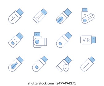 Iconos de la unidad flash USB. Línea estilo Duotone, carrera editable. transferencia de archivos, unidad USB no reconocida, unidad USB con protección de Contraseña.