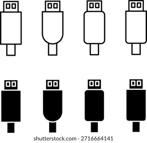 USB-Flash-Laufwerk-Symbole in Linien- und Füllstilen für Datenspeicherung, Technologie und digitale Konzepte.