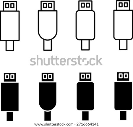 USB flash drive icons in line and fill styles for data storage, technology, and digital concepts.