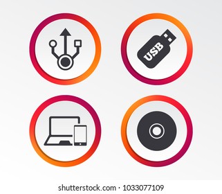 Usb flash drive icons. Notebook or Laptop pc symbols. Smartphone device. CD or DVD sign. Compact disc. Infographic design buttons. Circle templates. Vector
