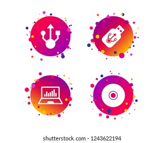 Usb flash drive icons. Notebook or Laptop pc symbols. CD or DVD sign. Compact disc. Gradient circle buttons with icons. Random dots design. Vector