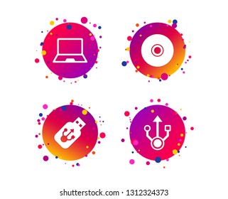 Usb flash drive icons. Notebook or Laptop pc symbols. CD or DVD sign. Compact disc. Gradient circle buttons with icons. Random dots design. Vector