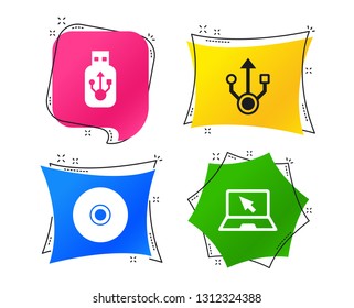 Usb flash drive icons. Notebook or Laptop pc symbols. CD or DVD sign. Compact disc. Geometric colorful tags. Banners with flat icons. Trendy design. Vector