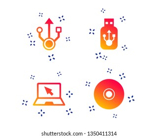 Usb flash drive icons. Notebook or Laptop pc symbols. CD or DVD sign. Compact disc. Random dynamic shapes. Gradient usb icon. Vector