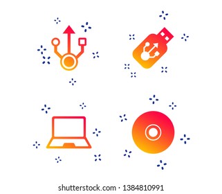 Usb flash drive icons. Notebook or Laptop pc symbols. CD or DVD sign. Compact disc. Random dynamic shapes. Gradient drive icon. Vector