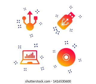 Usb flash drive icons. Notebook or Laptop pc symbols. CD or DVD sign. Compact disc. Random dynamic shapes. Gradient usb icon. Vector