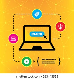 Usb flash drive icons. Notebook or Laptop pc symbols. CD or DVD sign. Compact disc. Notebook device orange background with icons. Vector 