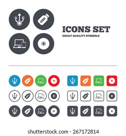 Usb flash drive icons. Notebook or Laptop pc symbols. Smartphone device. CD or DVD sign. Compact disc. Web buttons set. Circles and squares templates. Vector