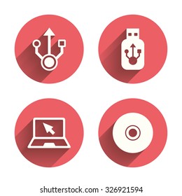 Usb flash drive icons. Notebook or Laptop pc symbols. CD or DVD sign. Compact disc. Pink circles flat buttons with shadow. Vector
