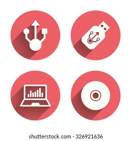 Usb flash drive icons. Notebook or Laptop pc symbols. CD or DVD sign. Compact disc. Pink circles flat buttons with shadow. Vector