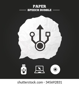 Usb flash drive icons. Notebook or Laptop pc symbols. CD or DVD sign. Compact disc. Paper speech bubble with icon.
