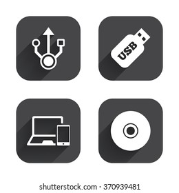 Usb flash drive icons. Notebook or Laptop pc symbols. Smartphone device. CD or DVD sign. Compact disc. Square flat buttons with long shadow.