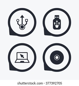 Usb flash drive icons. Notebook or Laptop pc symbols. CD or DVD sign. Compact disc. Flat icon pointers.