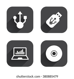 Usb flash drive icons. Notebook or Laptop pc symbols. CD or DVD sign. Compact disc. Square flat buttons with long shadow.