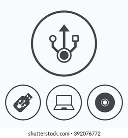 Usb flash drive icons. Notebook or Laptop pc symbols. CD or DVD sign. Compact disc. Icons in circles.
