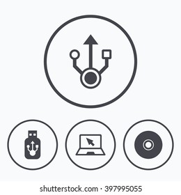Usb flash drive icons. Notebook or Laptop pc symbols. CD or DVD sign. Compact disc. Icons in circles.