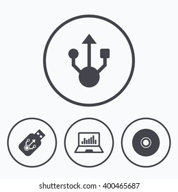 Usb flash drive icons. Notebook or Laptop pc symbols. CD or DVD sign. Compact disc. Icons in circles.