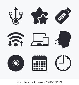 Usb flash drive icons. Notebook or Laptop pc symbols. Smartphone device. CD or DVD sign. Compact disc. Wifi internet, favorite stars, calendar and clock. Talking head. Vector