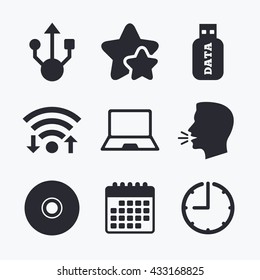 Usb flash drive icons. Notebook or Laptop pc symbols. CD or DVD sign. Compact disc. Wifi internet, favorite stars, calendar and clock. Talking head. Vector