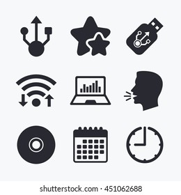 Usb flash drive icons. Notebook or Laptop pc symbols. CD or DVD sign. Compact disc. Wifi internet, favorite stars, calendar and clock. Talking head. Vector