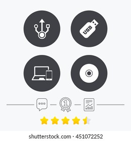 Usb flash drive icons. Notebook or Laptop pc symbols. Smartphone device. CD or DVD sign. Compact disc. Chat, award medal and report linear icons. Star vote ranking. Vector