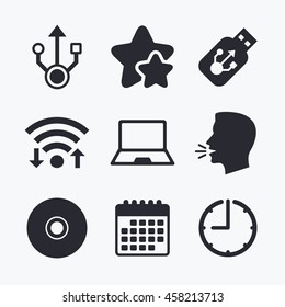 Usb flash drive icons. Notebook or Laptop pc symbols. CD or DVD sign. Compact disc. Wifi internet, favorite stars, calendar and clock. Talking head. Vector