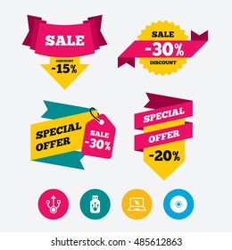 Usb flash drive icons. Notebook or Laptop pc symbols. CD or DVD sign. Compact disc. Web stickers, banners and labels. Sale discount tags. Special offer signs. Vector