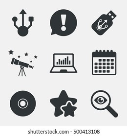 Usb flash drive icons. Notebook or Laptop pc symbols. CD or DVD sign. Compact disc. Attention, investigate and stars icons. Telescope and calendar signs. Vector