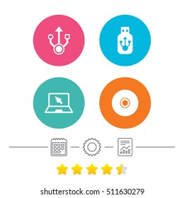 Usb flash drive icons. Notebook or Laptop pc symbols. CD or DVD sign. Compact disc. Calendar, cogwheel and report linear icons. Star vote ranking. Vector