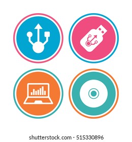 Usb flash drive icons. Notebook or Laptop pc symbols. CD or DVD sign. Compact disc. Colored circle buttons. Vector