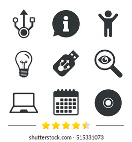 Usb flash drive icons. Notebook or Laptop pc symbols. CD or DVD sign. Compact disc. Information, light bulb and calendar. Investigate magnifier. Vector