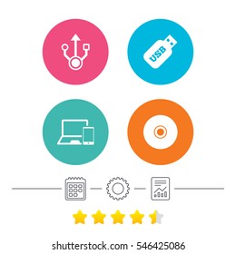 Usb flash drive icons. Notebook or Laptop pc symbols. Smartphone device. CD or DVD sign. Compact disc. Calendar, cogwheel and report linear icons. Star vote ranking. Vector