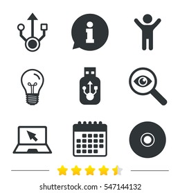 Usb flash drive icons. Notebook or Laptop pc symbols. CD or DVD sign. Compact disc. Information, light bulb and calendar icons. Investigate magnifier. Vector