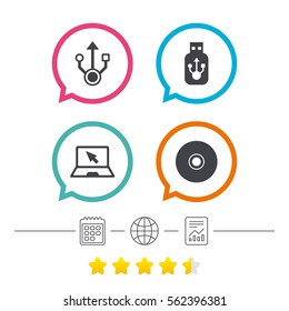 Usb flash drive icons. Notebook or Laptop pc symbols. CD or DVD sign. Compact disc. Calendar, internet globe and report linear icons. Star vote ranking. Vector