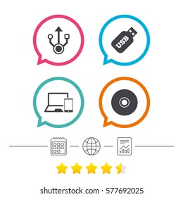 Usb flash drive icons. Notebook or Laptop pc symbols. Smartphone device. CD or DVD sign. Compact disc. Calendar, internet globe and report linear icons. Star vote ranking. Vector