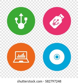 Usb flash drive icons. Notebook or Laptop pc symbols. CD or DVD sign. Compact disc. Round buttons on transparent background. Vector