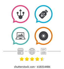 Usb flash drive icons. Notebook or Laptop pc symbols. CD or DVD sign. Compact disc. Calendar, internet globe and report linear icons. Star vote ranking. Vector