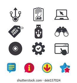 Usb flash drive icons. Notebook or Laptop pc symbols. CD or DVD sign. Compact disc. Browser window, Report and Service signs. Binoculars, Information and Download icons. Stars and Chat. Vector