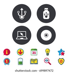 Usb flash drive icons. Notebook or Laptop pc symbols. CD or DVD sign. Compact disc. Calendar, Information and Download signs. Stars, Award and Book icons. Light bulb, Shield and Search. Vector