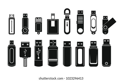 USB flash drive icons set. Simple illustration of 16 USB flash drive vector icons for web